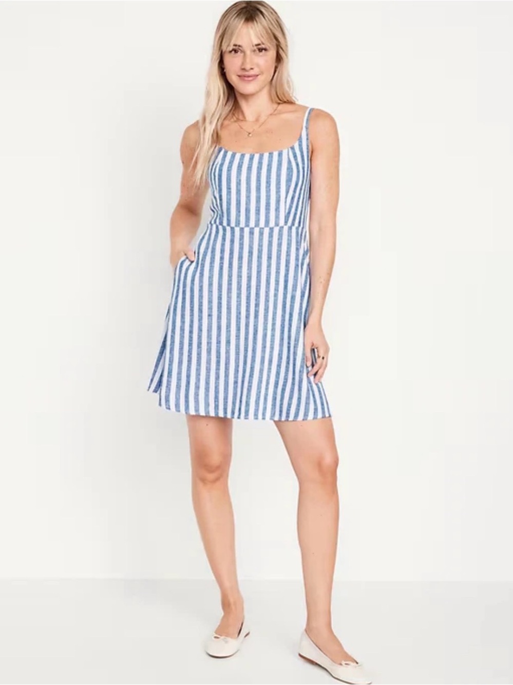 Old Navy Blue Striped Linen Blend Fit & Flare Cami Mini Dress with Pockets M EUC - Picture 8 of 16